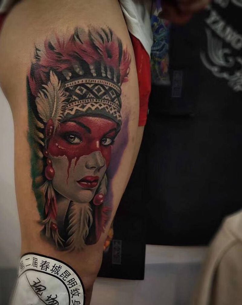 昆明展会 现场作品纹身图片_腿部欧美写实纹身图案