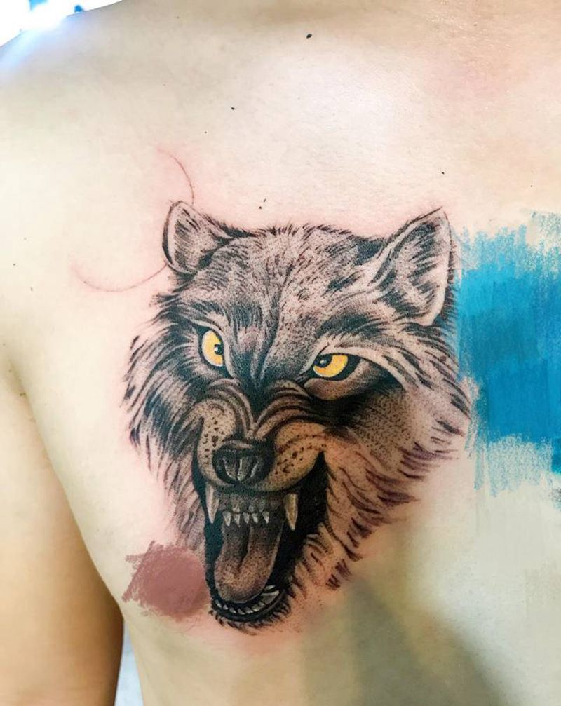 狼头纹身图片_胸部纹身图案