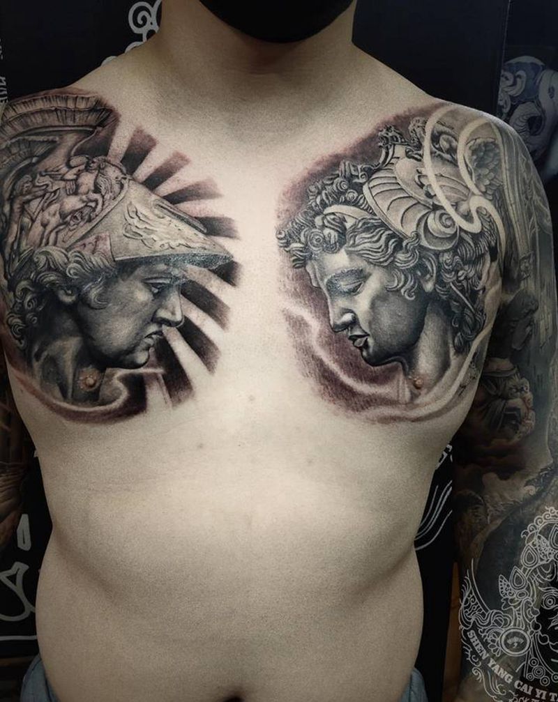 店内欧美黑灰纹身图片_手臂胸部欧美写实纹身图案