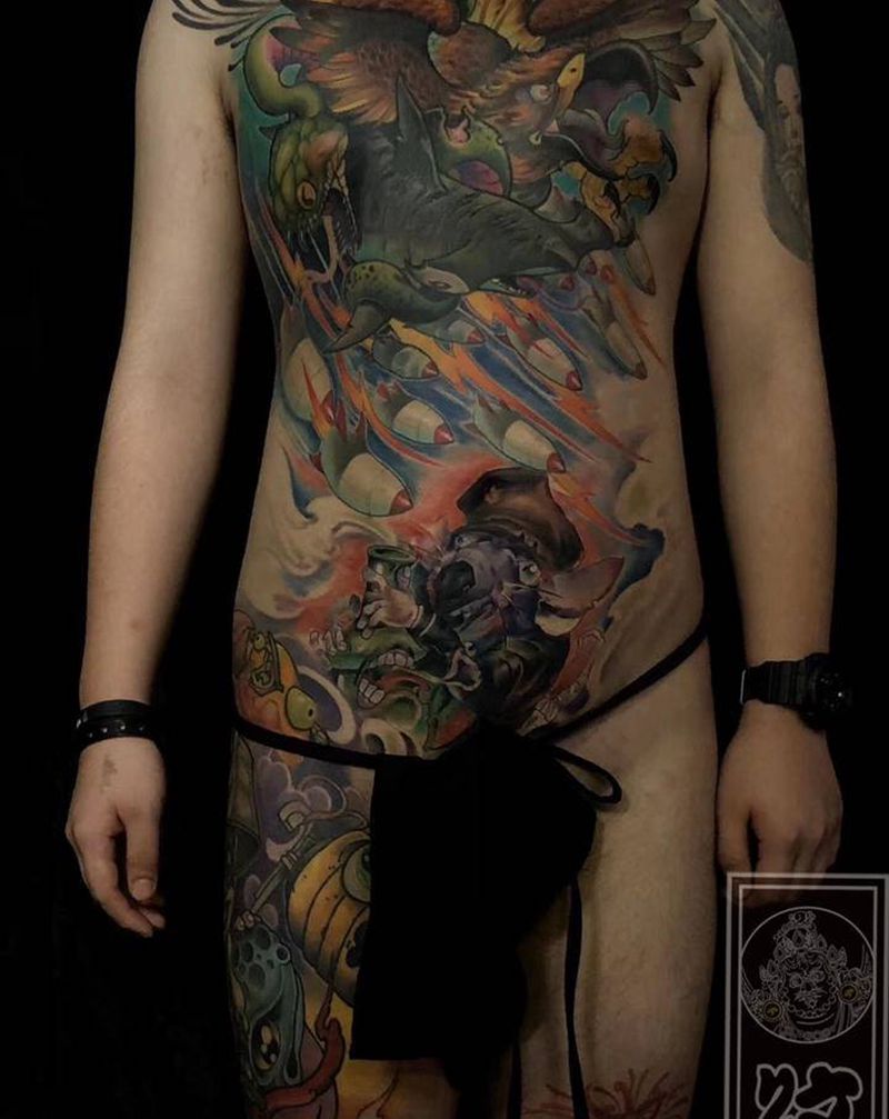 抽大麻的老鼠 鹤莲纹杰作品纹身图片_胸部New School纹身图案