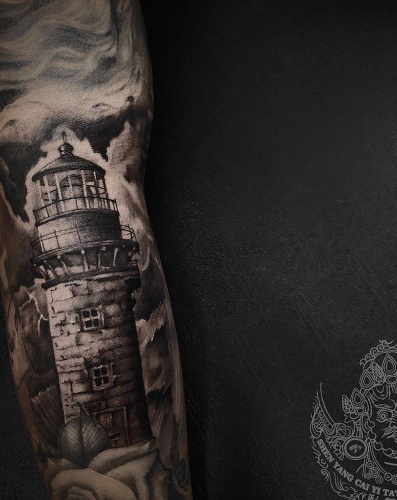 灯塔指引家的方向纹身图片_手臂欧美写实纹身图案