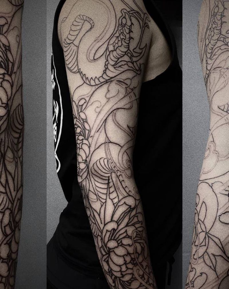 传统花臂基础线纹身图片_手臂新传统纹身图案