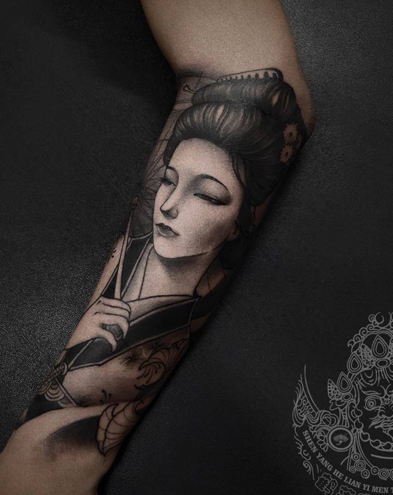 小臂艺妓纹身图片_手臂新传统纹身图案