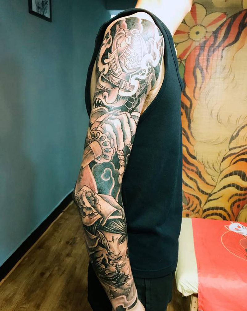 武士艺妓花臂纹身图片_手臂纹身图案