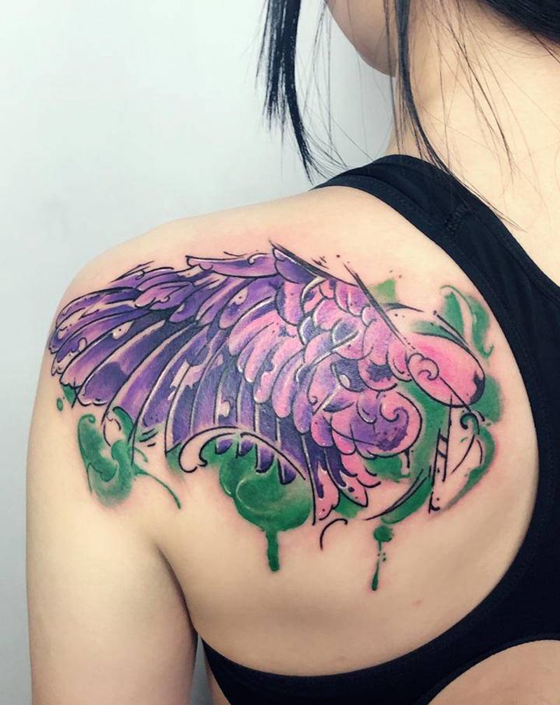 大S同款纹身纹身图片_背部肩部欧美写实水彩彩色翅膀同城纹身图案