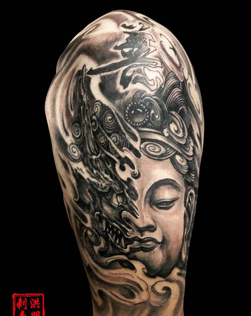 善恶一念间纹身图片_手臂肩部欧美写实新传统同城善恶一念间佛与魔纹身图案