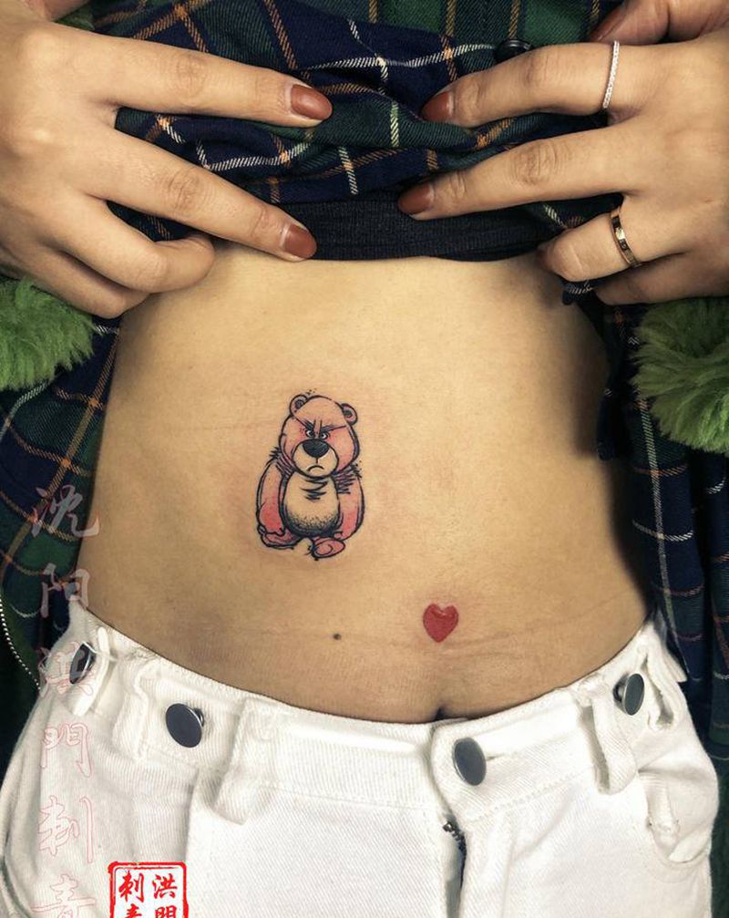 卡通纹身纹身图片_腹部腰部New School小清新小熊卡通纹身图案