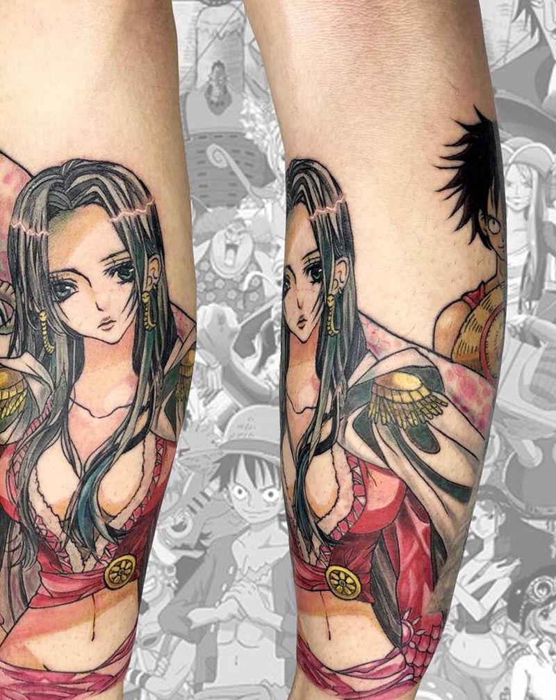海贼王女帝/路飞纹身图片_腿部脚部欧美写实New School同城卡通海贼王纹身图案