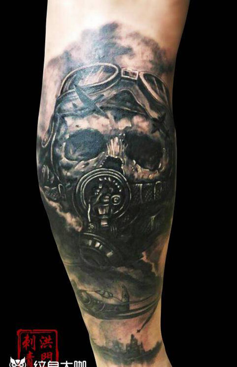 二战纹身图片_腿部脚部欧美写实同城骷髅二战纹身图案