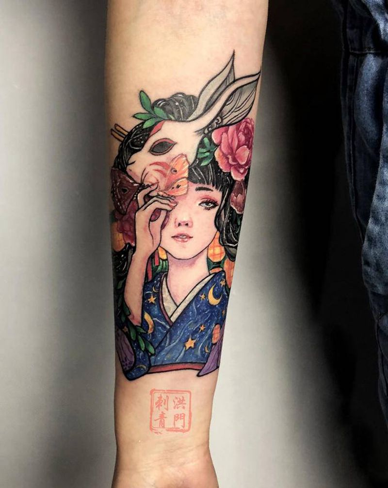 艺伎纹身图片_手臂手部欧美写实New School同城彩色艺伎纹身图案