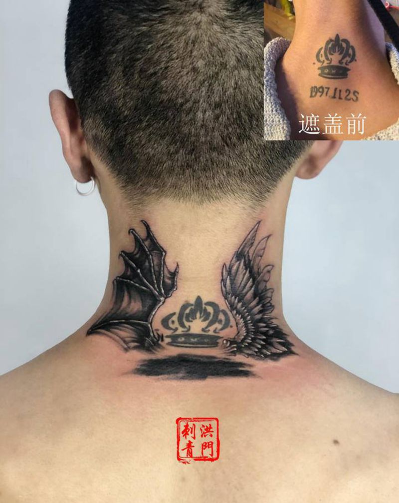 遮盖前女友4纹身图片_颈部肩部欧美写实同城天使翅膀恶魔翅膀纹身图案