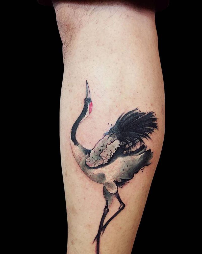 鹤纹身图片_腿部新传统水彩同城鹤纹身图案