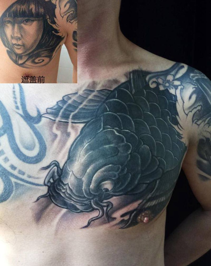 遮盖前女友2纹身图片_胸部手臂新传统同城鱼覆盖纹身图案