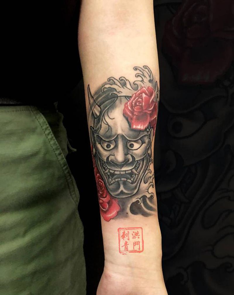 般若纹身图片_手臂新传统New School同城般若玫瑰纹身图案