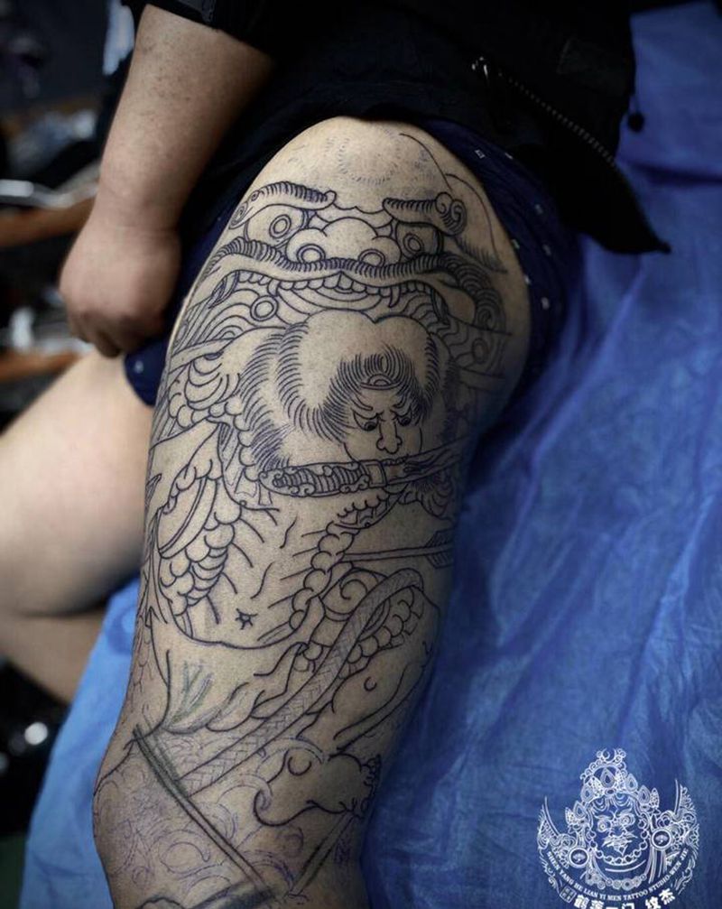 接大腿，基础线纹身图片_腿部老传统纹身图案