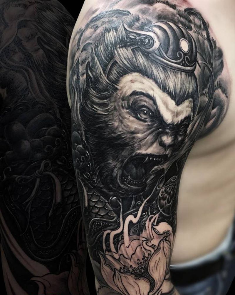 大圣归来纹身图片_肩部手臂新传统同城斗战胜佛齐天大圣纹身图案