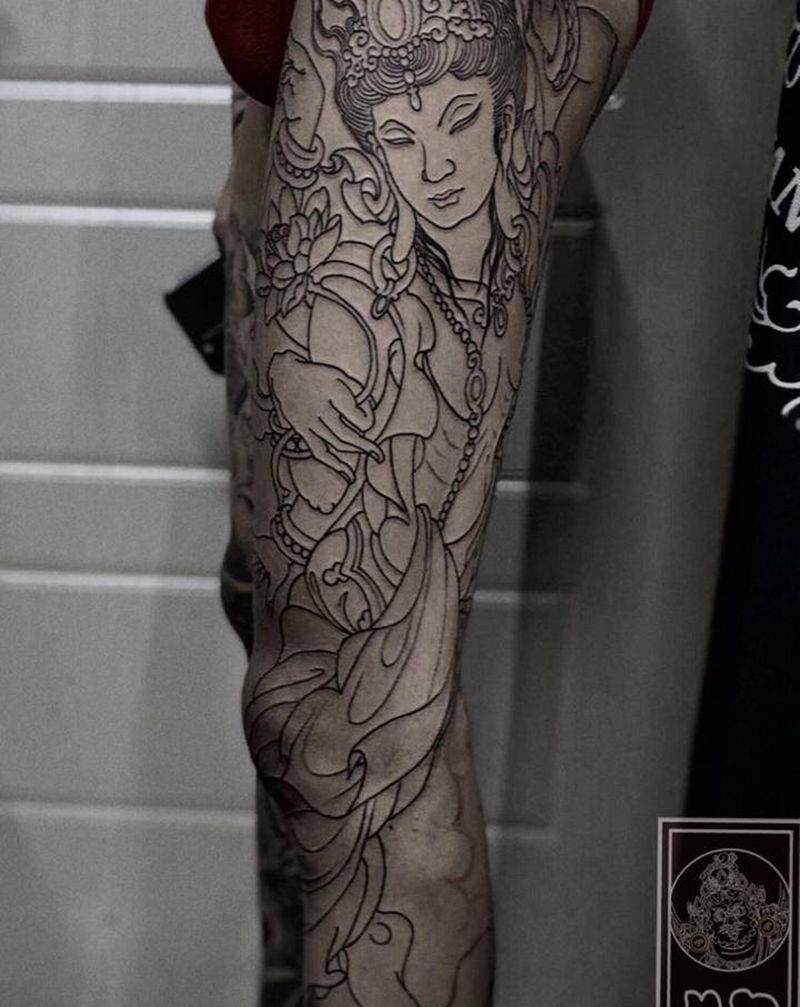 花腿基础线纹身图片_腿部新传统老传统纹身图案