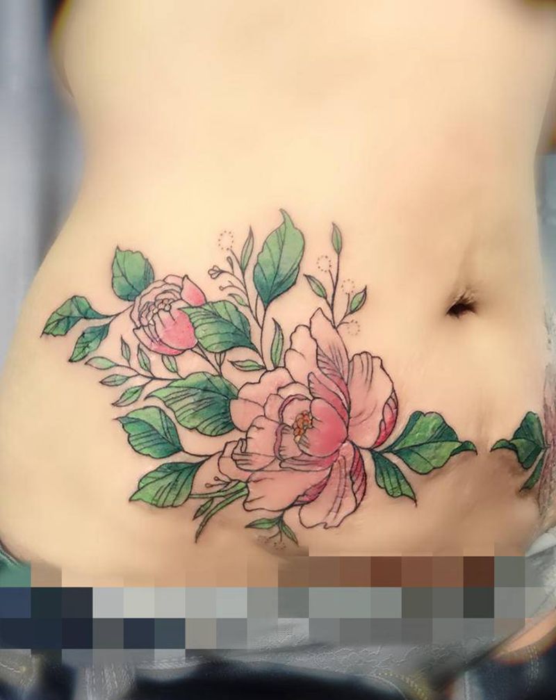 牡丹纹身图片_腹部纹身图案