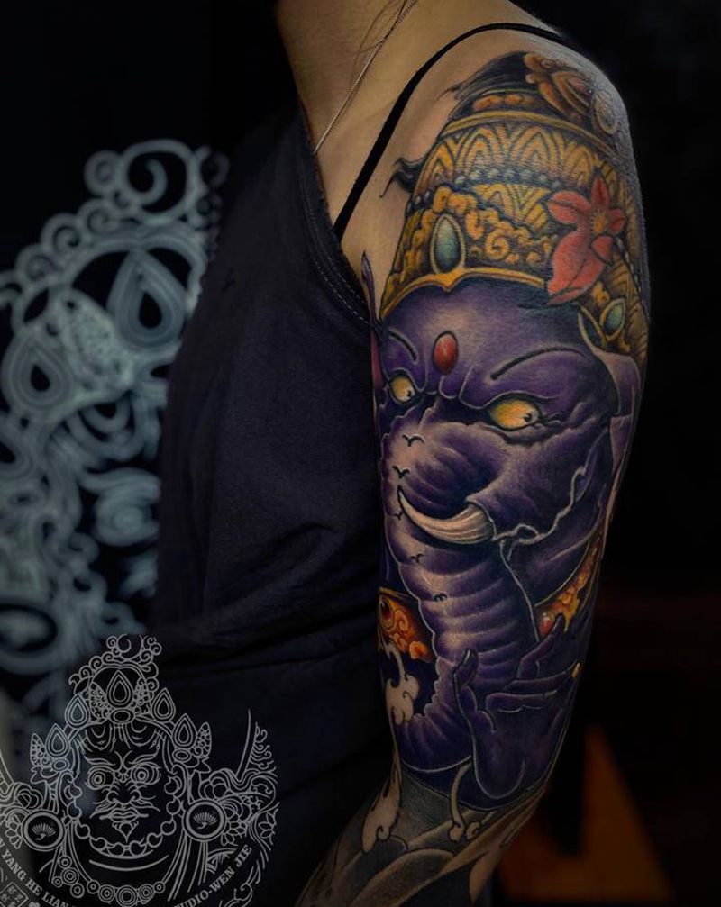 象神纹身图片_手臂新传统纹身图案