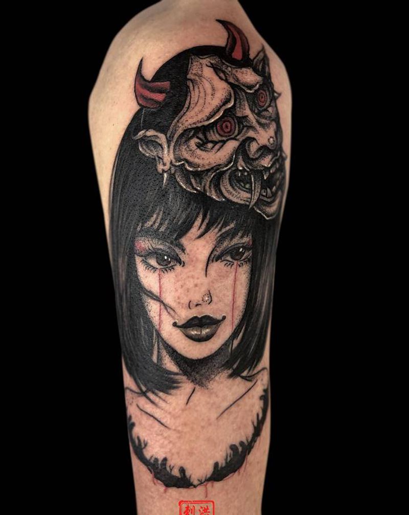 艺姬纹身图片_手臂腿部新传统点刺同城艺伎般若纹身图案