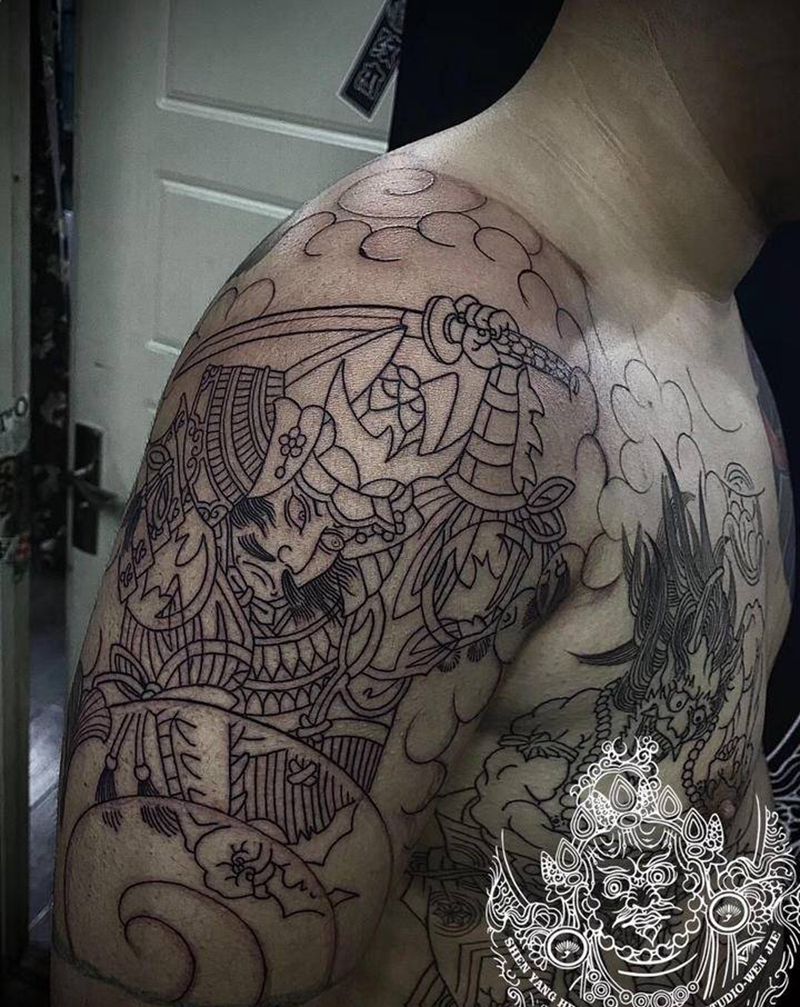 半甲基础线纹身图片_手臂老传统纹身图案