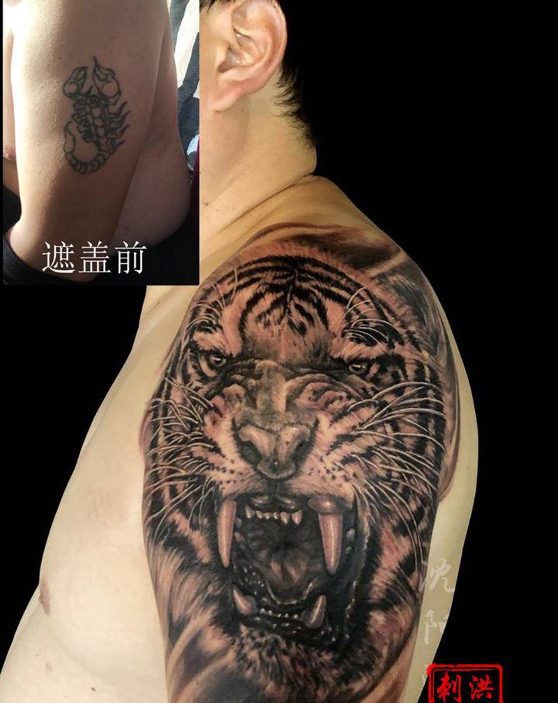 遮盖纹身纹身图片_腿部手臂新传统欧美写实老虎同城遮盖蝎子纹身图案