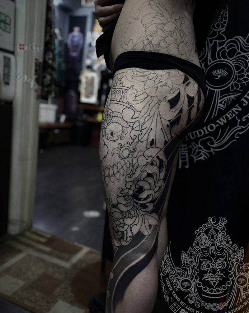 嘎巴拉未完待续纹身图片_腿部新传统纹身图案