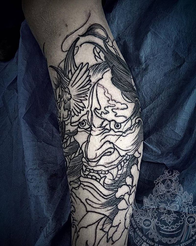 般若小腿基础线纹身图片_腿部新传统纹身图案