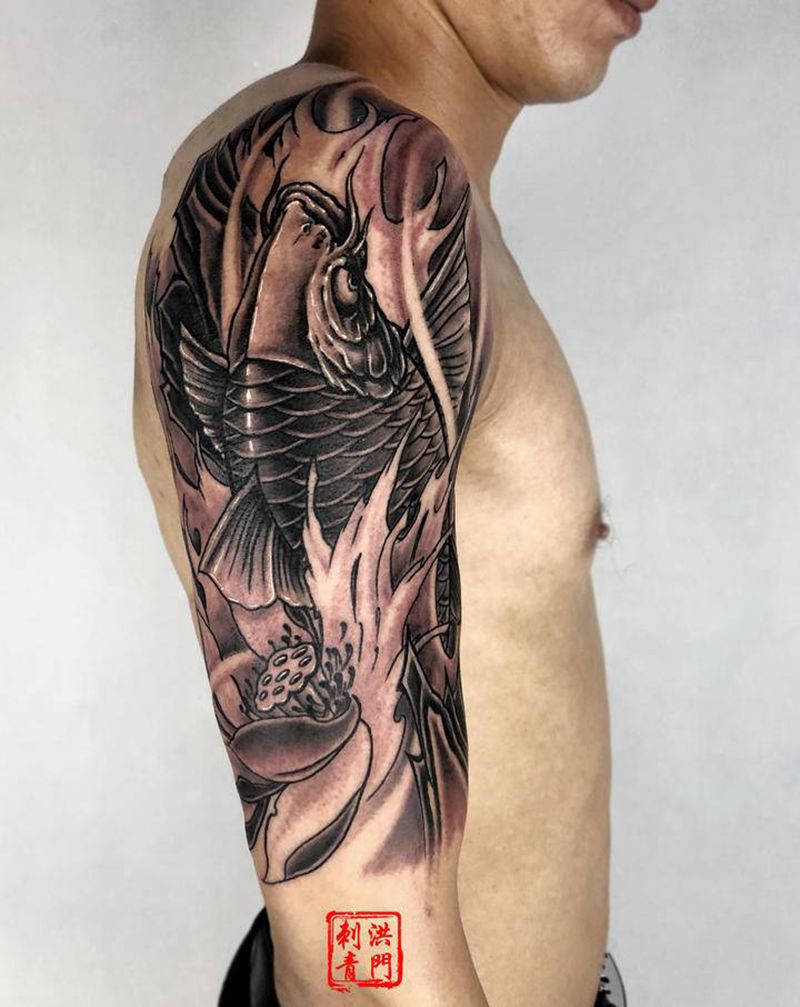 鲤鱼纹身图片_手臂腿部新传统老传统同城鱼黑灰鱼纹身图案