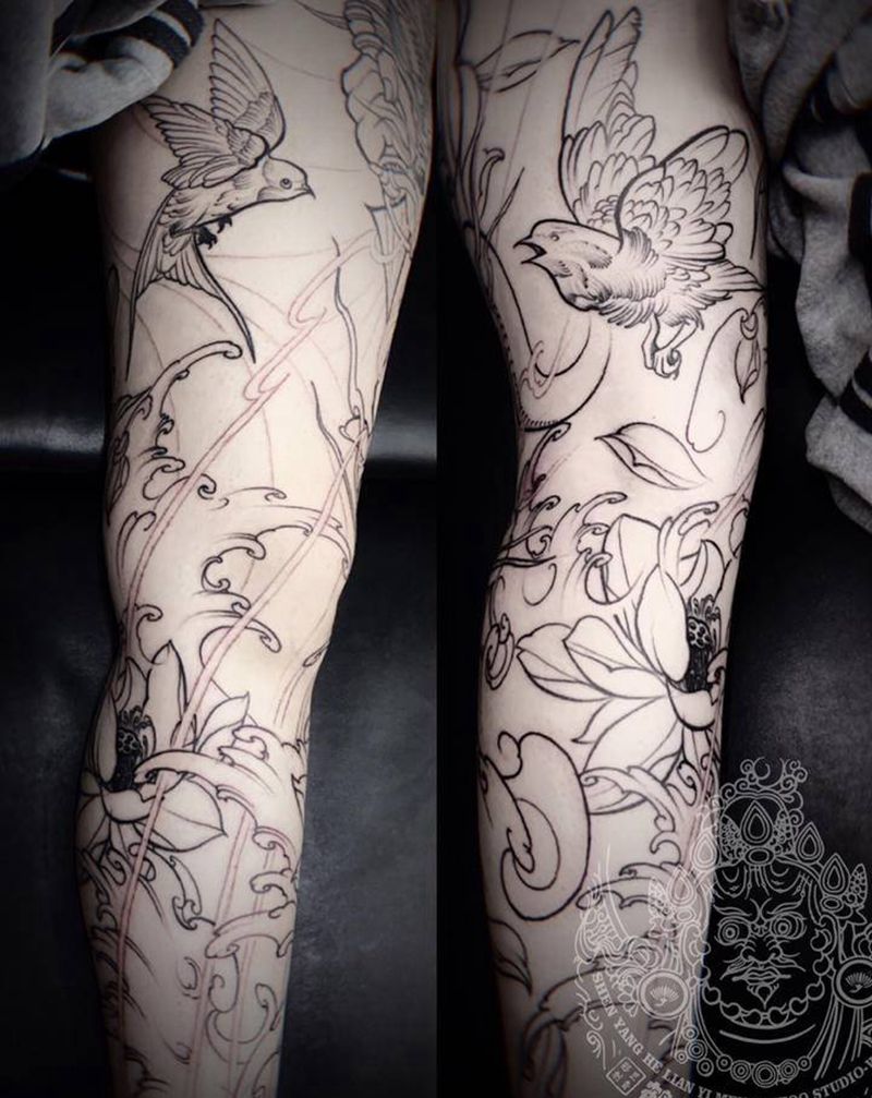 花腿基础线纹身图片_腿部新传统纹身图案