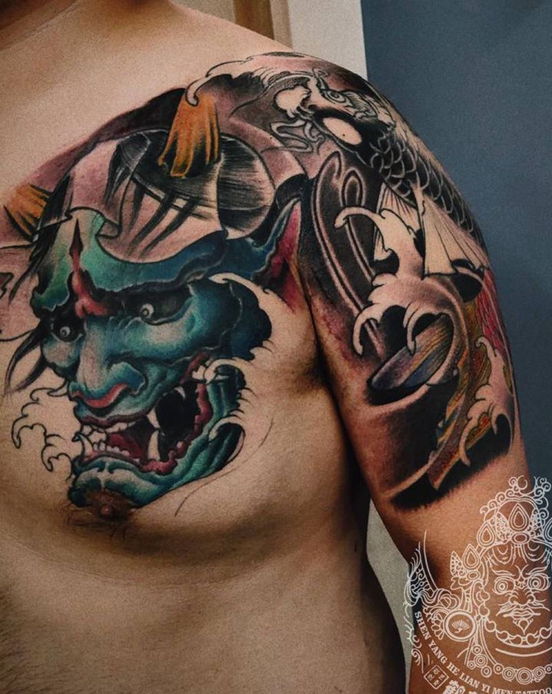 店内半甲未完纹身图片_手臂新传统纹身图案