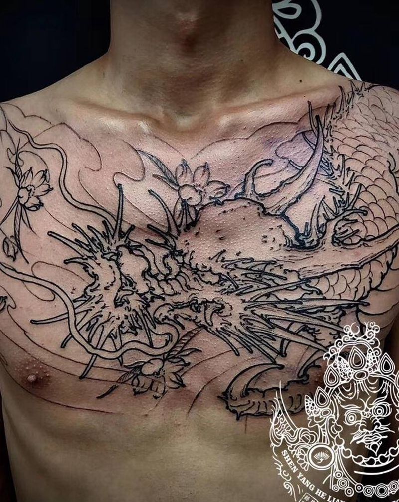 新传统花胸基础线纹身图片_胸部新传统纹身图案