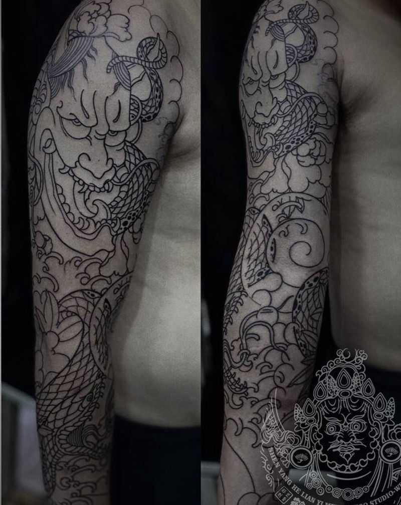 店内工作花臂基础线纹身图片_手臂新传统老传统纹身图案