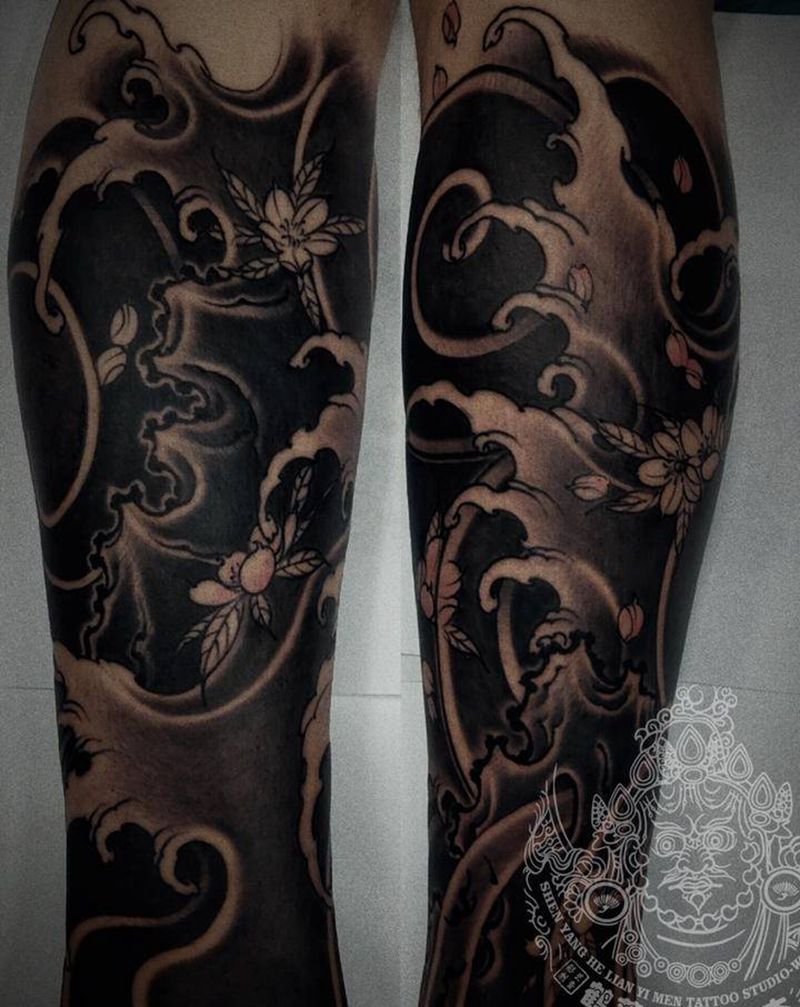 包小腿水浪未完纹身图片_腿部新传统纹身图案