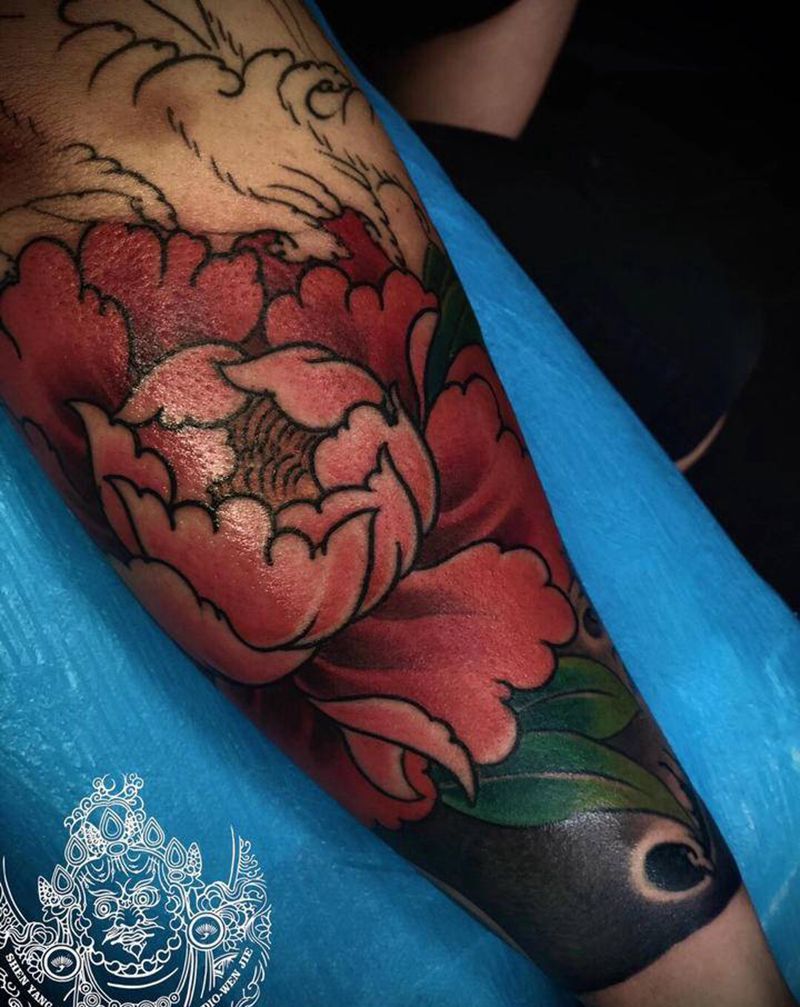 牡丹花纹身图片_手臂新传统老传统纹身图案