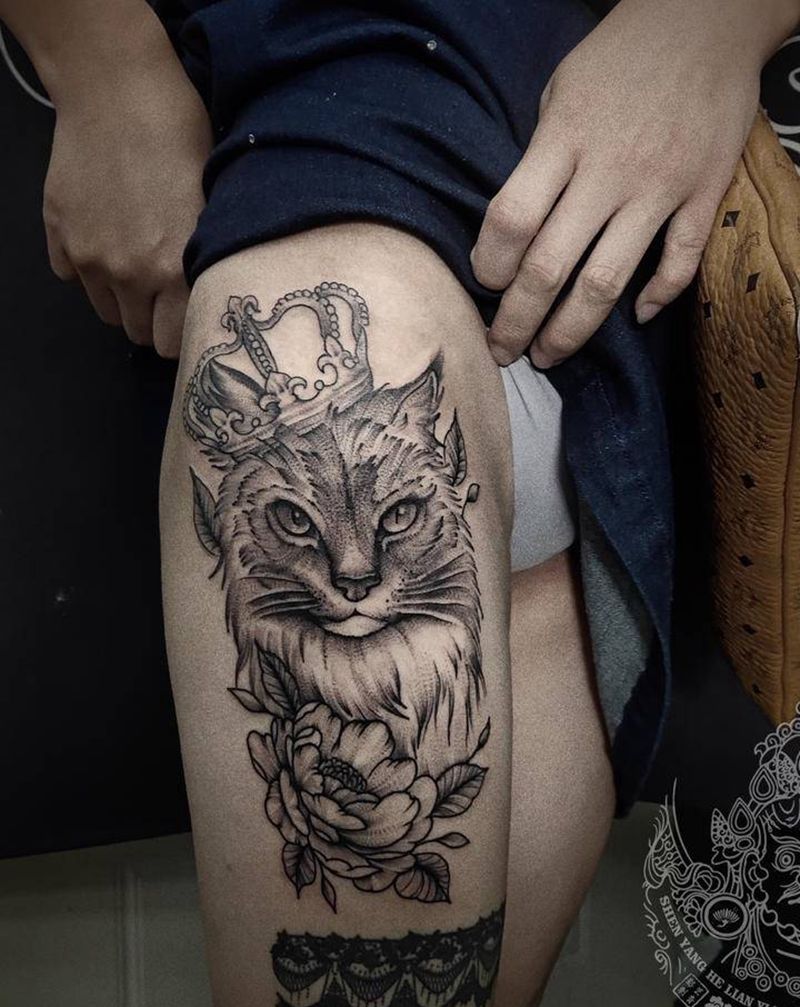 猫咪纹身图片_腿部点刺图腾纹身图案