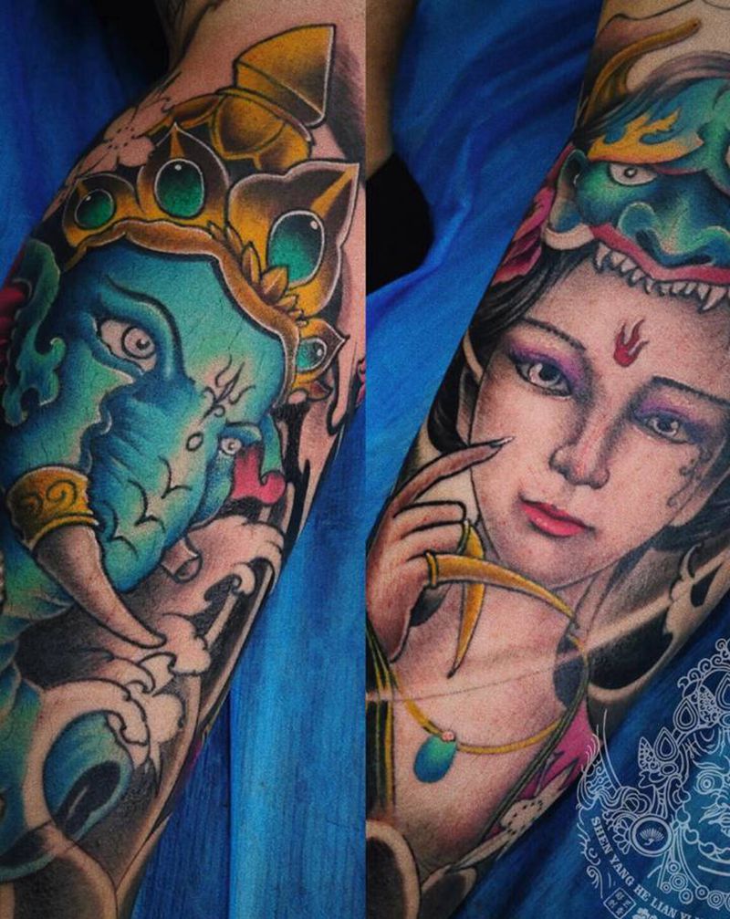 店内师傅修改上色纹身图片_腿部新传统纹身图案