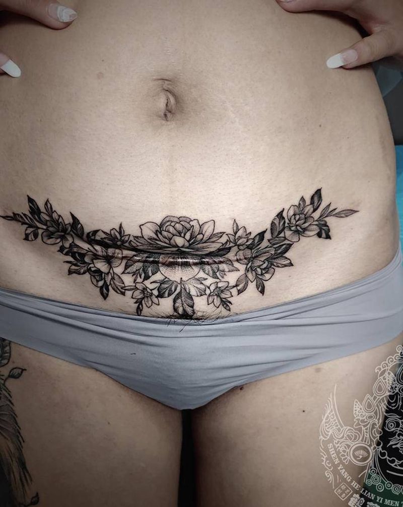 遮盖修改纹身图片_腹部点刺图腾纹身图案