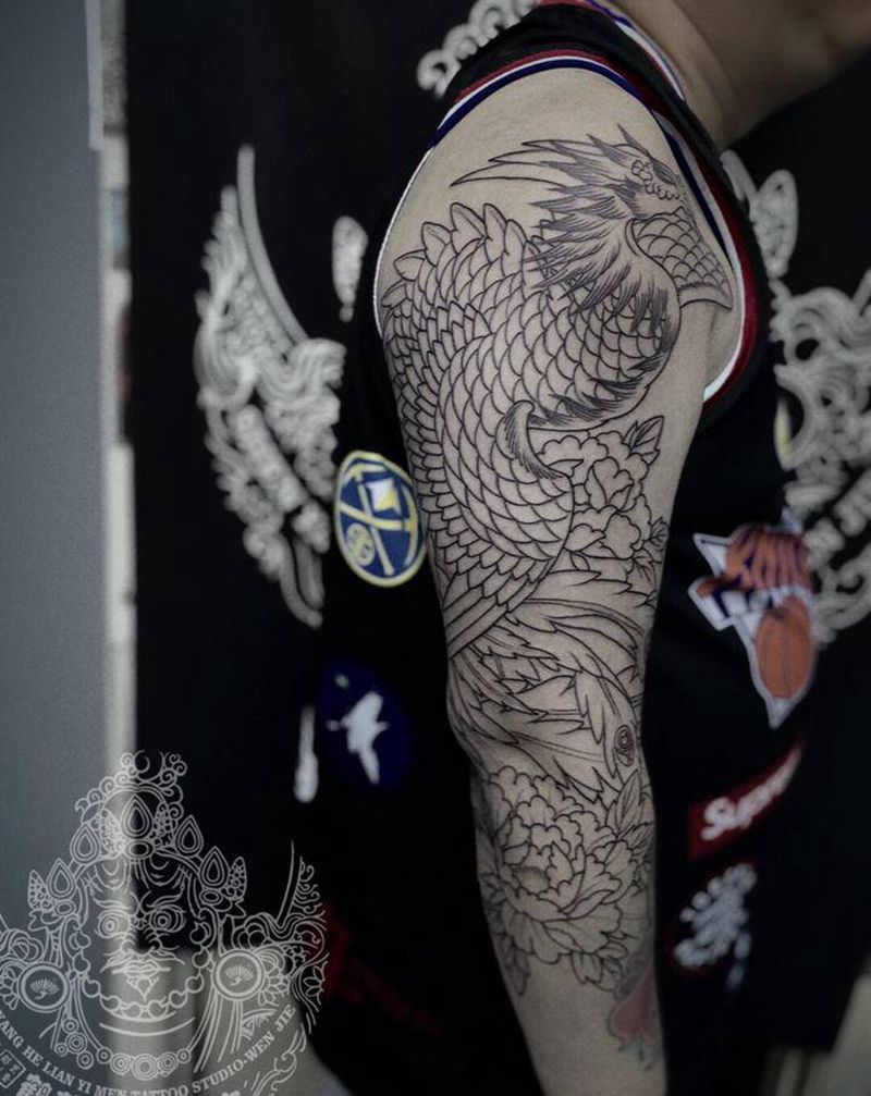 凤凰基础线纹身图片_手臂老传统纹身图案
