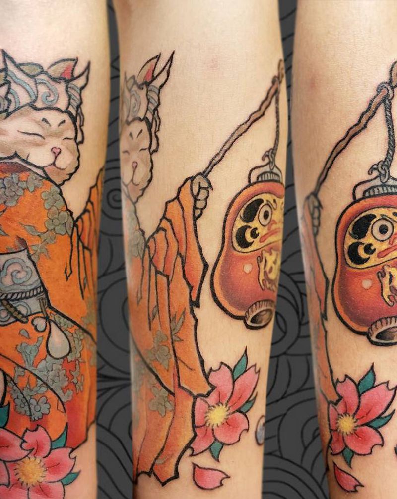 日式小猫纹身图片_手臂手部New School新传统同城日式猫达摩纹身图案