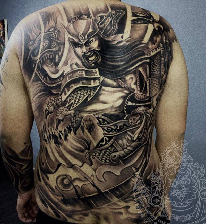 关二爷来啦纹身图片_背部新传统纹身图案