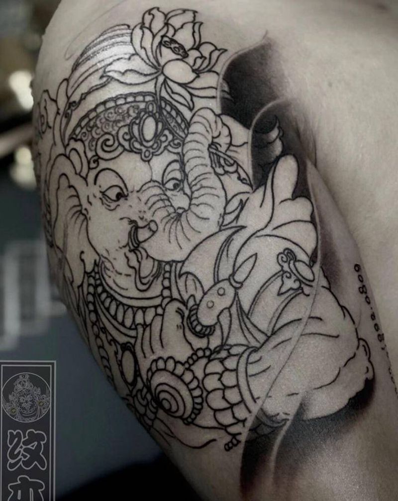 象神未完纹身图片_手臂新传统纹身图案