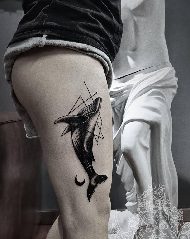 疤痕遮盖纹身图片_腿部几何点刺纹身图案