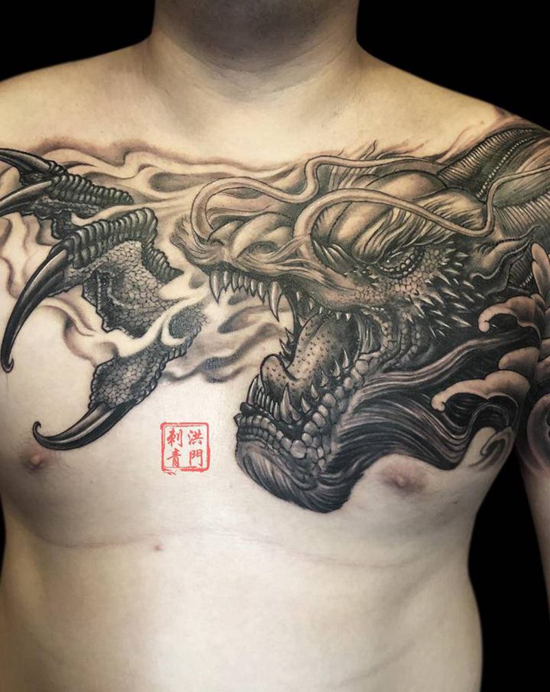 披肩龙纹身图片_胸部手臂新传统同城龙写实龙纹身图案