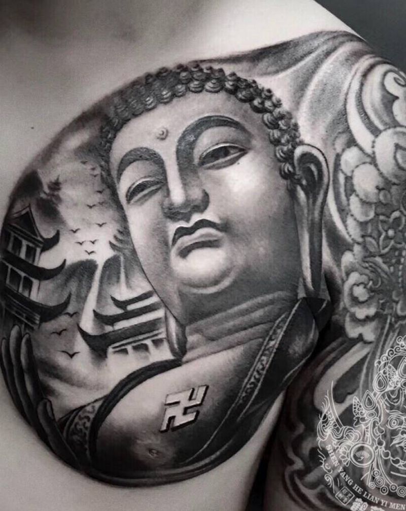 店内半甲佛头纹身图片_手臂新传统纹身图案