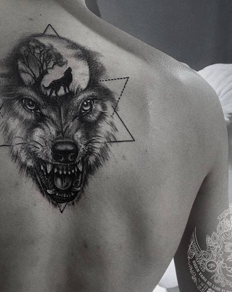 黑灰狼头纹身图片_肩部欧美写实纹身图案