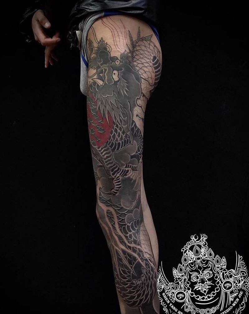 传统花腿未完纹身图片_腿部老传统纹身图案