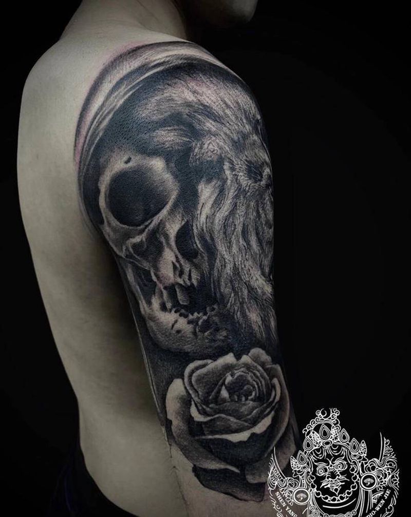 欧美黑灰狮子纹身图片_手臂欧美写实纹身图案