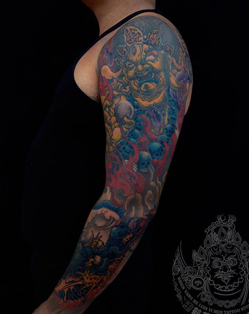 传统花臂纹身图片_手臂新传统纹身图案