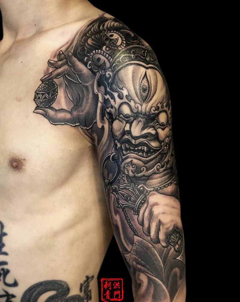 大黑天纹身图片_手臂肩部新传统老传统同城大黑天金刚杵纹身图案